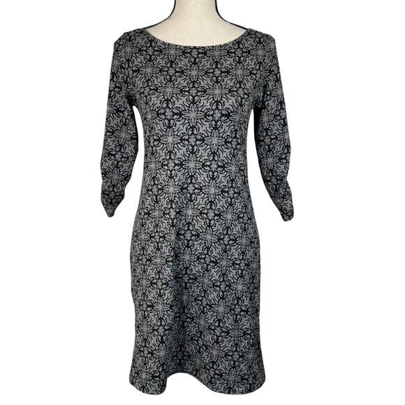Soybu Small A-Line Mini Dress Floral Ruched 3/4 Sleeves Boat Neck Stretch Gray - Picture 1 of 8